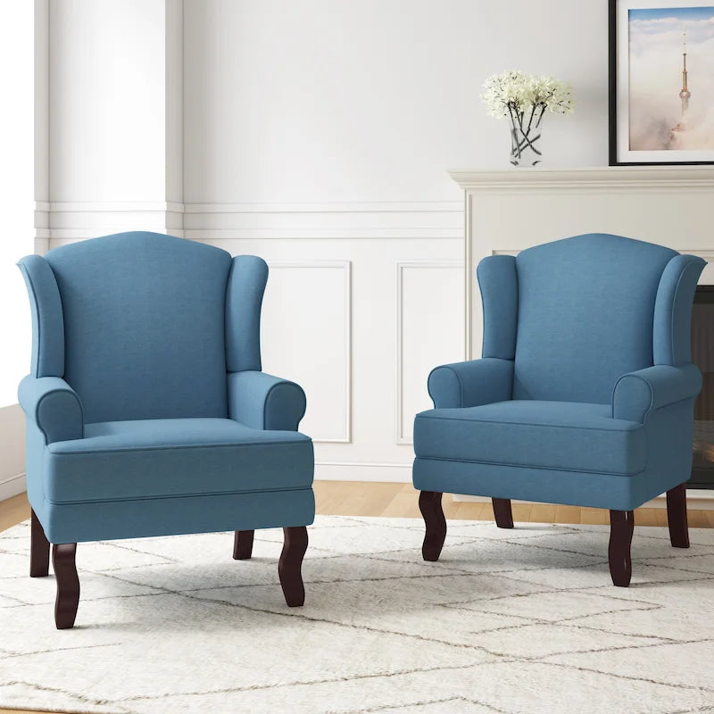 2 fauteuils d'appoint à dossier haut traditionnels, revêtus de tissu