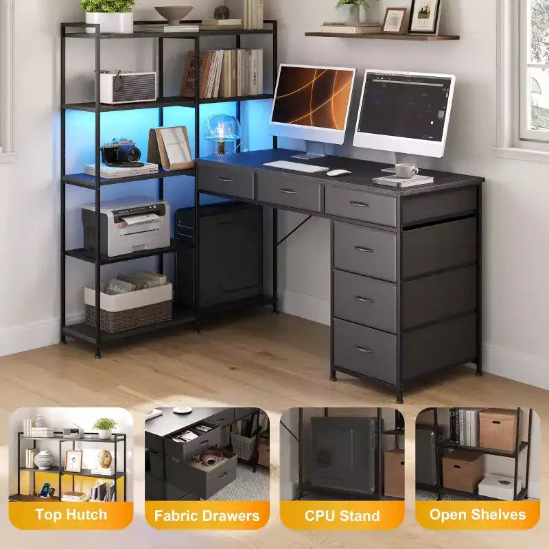 47 L-Shaped Computer Desk with 6 Drawers & 5-Tier Shelves, Reversible Corner Gaming Desk with LED Lights & Power Outlets