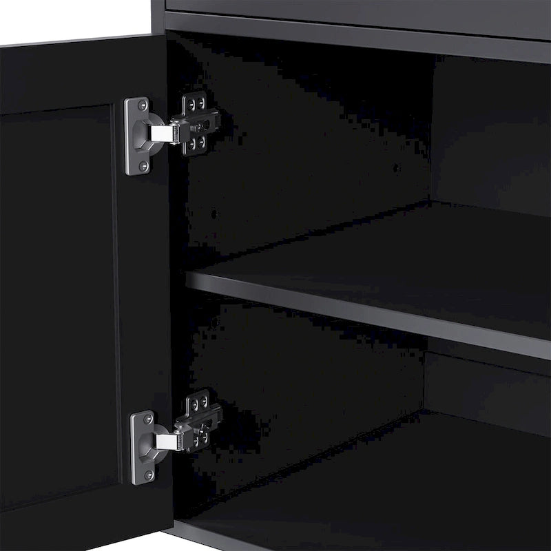 Black + Dark Walnut Farmhouse TV Entertainment Center with Bookshelves & Tempered Glass Doors for TVs Up to 70