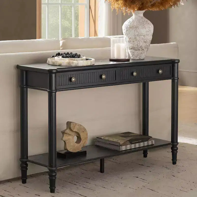 47.2 Walnut Console Table with 2 Fluted Drawers & Lower Shelf