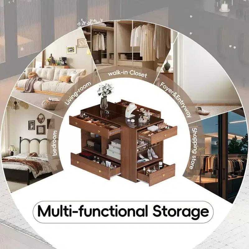 Closet Island with 6 Drawers, Glass Display Top & Open Shelves