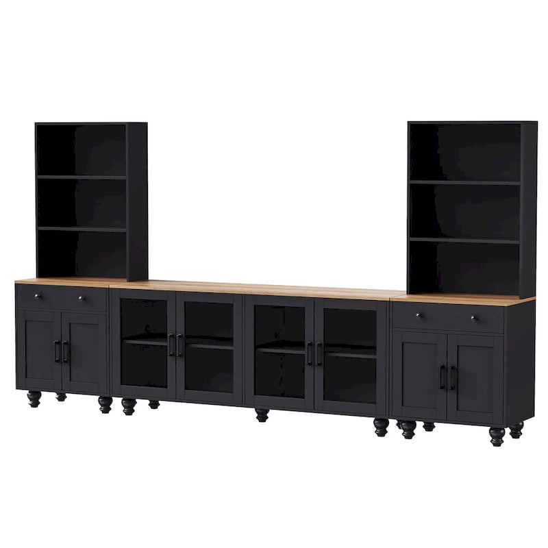 Black + Dark Walnut Farmhouse TV Entertainment Center with Bookshelves & Tempered Glass Doors for TVs Up to 70