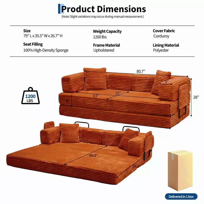 80.7 5-in-1 Convertible Sleeper Sofa Bed aï¿?Corduroy, 1200 lbs, No Assembly