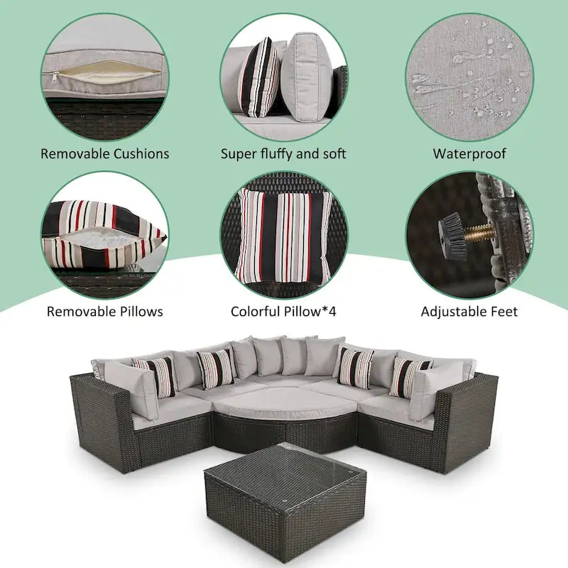 Ensemble de canapé d'extérieur moderne en osier 7 pièces avec table basse, coussins et oreillers rayés, idéal pour le patio, le jardin, la terrasse