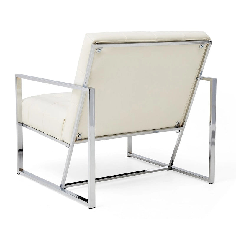 Glitzhome 30.50H Cream Mid-Century PU Leather Tufted Accent Chair with Chrome Plated Frame