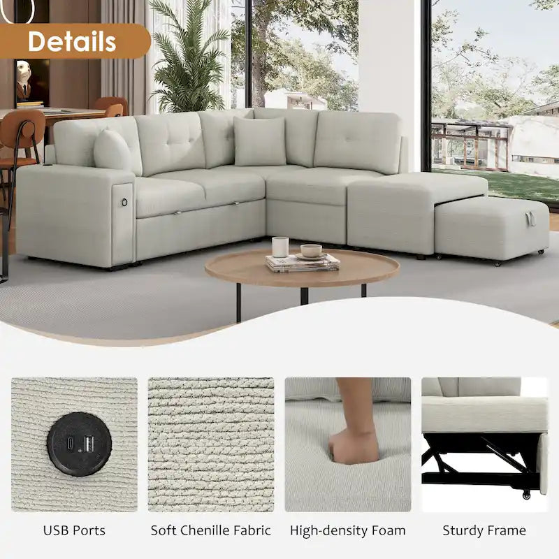 Canapé d'angle 4 places avec lit gigogne, pouf, ports USB et tablette rabattable