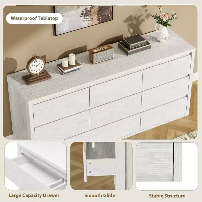 9 Drawer Dresser for Bedroom, Wide Modern Wooden Chest of Drawers with Large Storage, Wood Dresser Organizer for Living Room, Hallway, Entryway