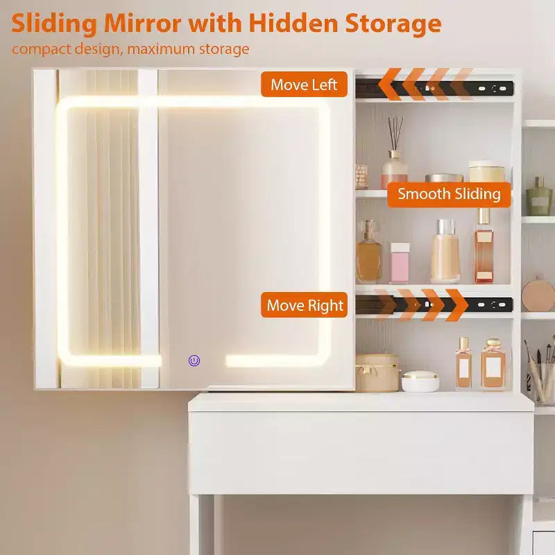 DobleePy Modern Vanity Desk with Sliding Mirror & LED Lights, 4 Drawers, 7 Shelves, Charging Station & Stool, Makeup Dressing Table for Bedroom