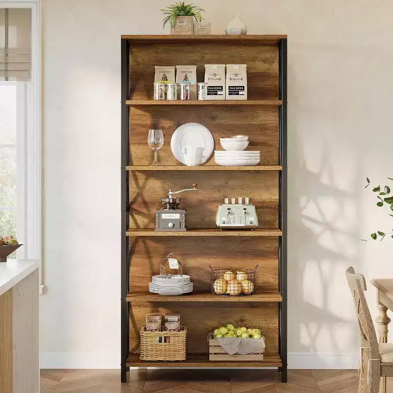 Lantine 70.87 Industrial Bookshelf, 6-Tier Bookcase with Geometric Metal Frame & Open Storage Shelves for Home Office, Living Room, Brown