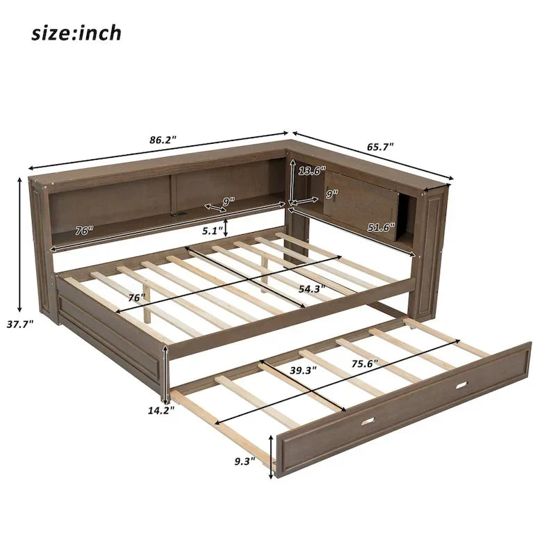 Lit de repos double avec étagères, chargement USB, lumières LED et lit gigogne simple