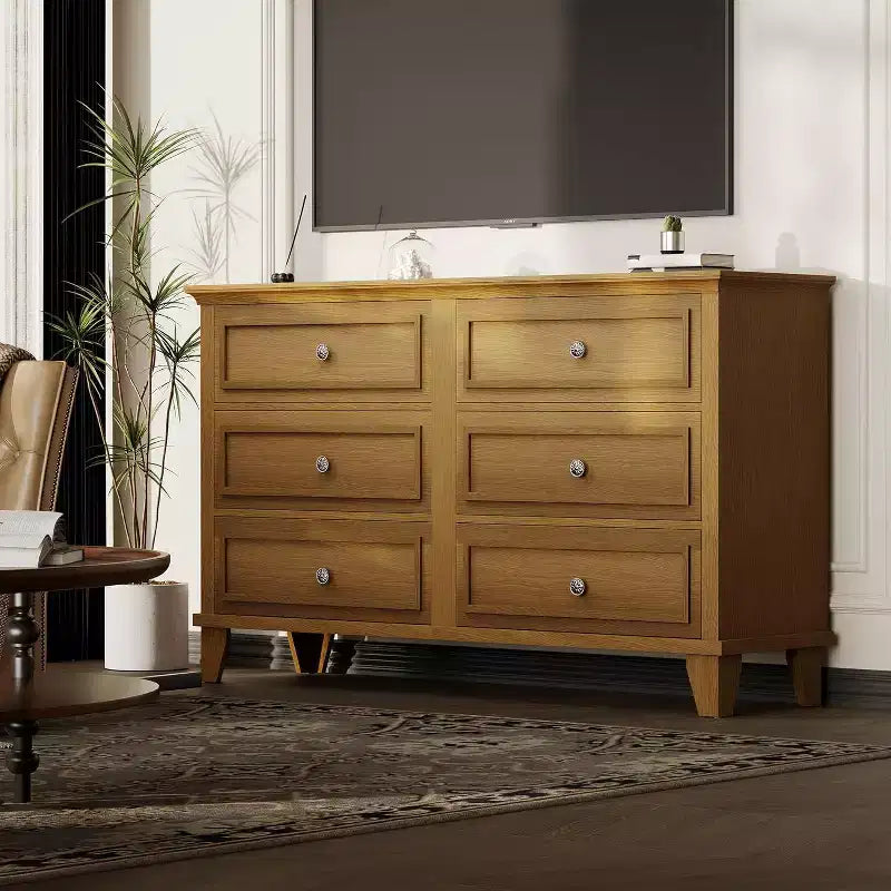 Dresser for Bedroom, 6 Drawer Wide Dresser Storage Organizer, Modern Wooden Chest of Drawers with Metal Handles for Hallway, Entryway, Home Office