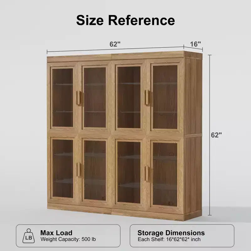62 High Black Glass Door Wood Grain Decorative Storage Cabinet Display Cabinet, with Sufficient Space for 12 Shelves