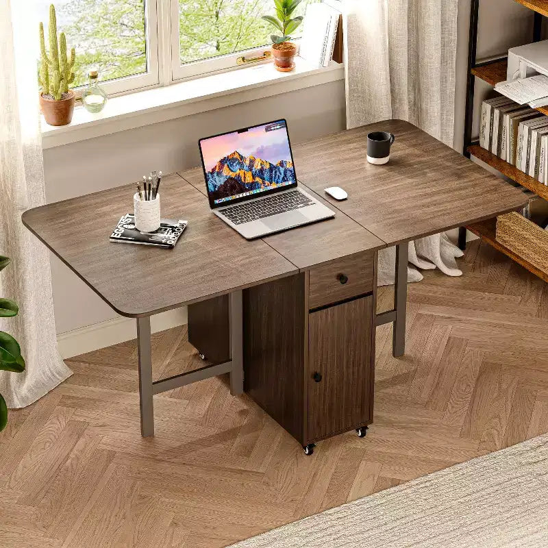 ATJafurn 59 Foldable Dining Table with Drop Leaves for Small Space, Rectangular Wooden Extendable kitchen Table with Wheels and Storage