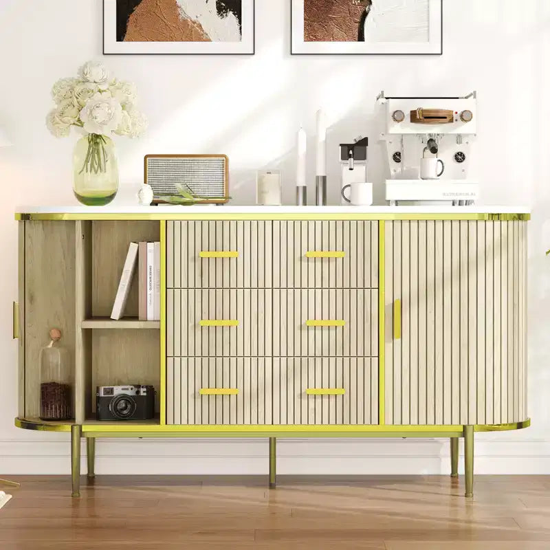 59in Farmhouse Fluted Sideboard Buffet Cabinet, Media TV Console Table with 6 Drawers & 2 Sliding Doors, Versatile Storage Cabinet for Living Room