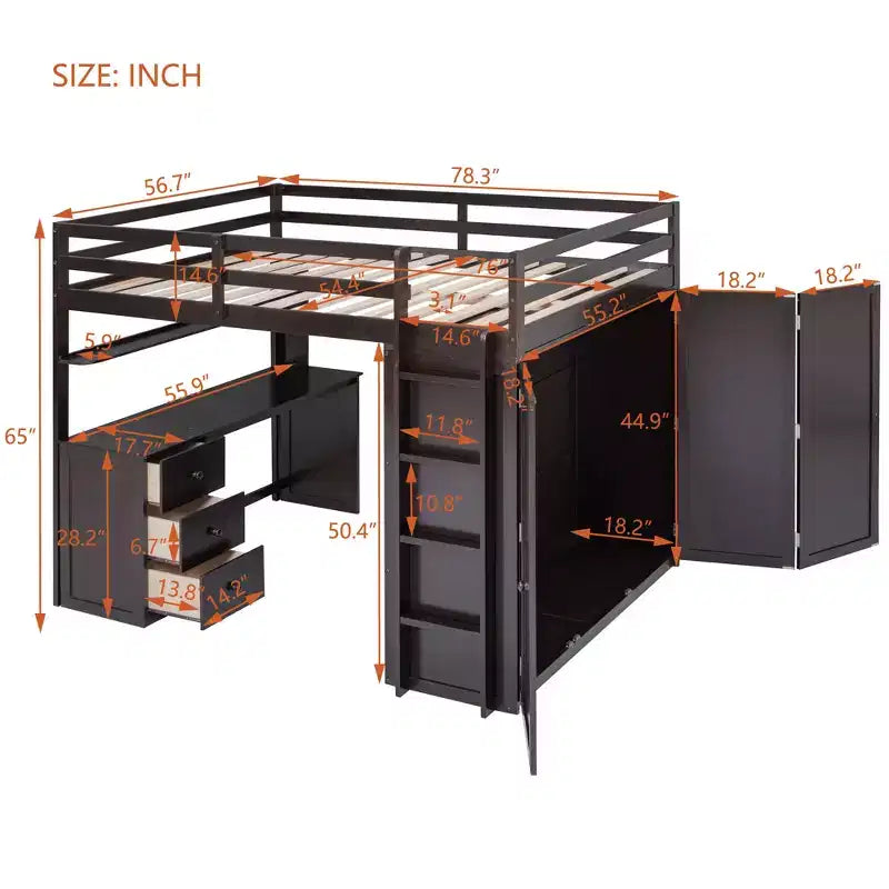 CLIHOME Full size Loft Bed with 3 Storage Drawers, Desk and Wardrobe