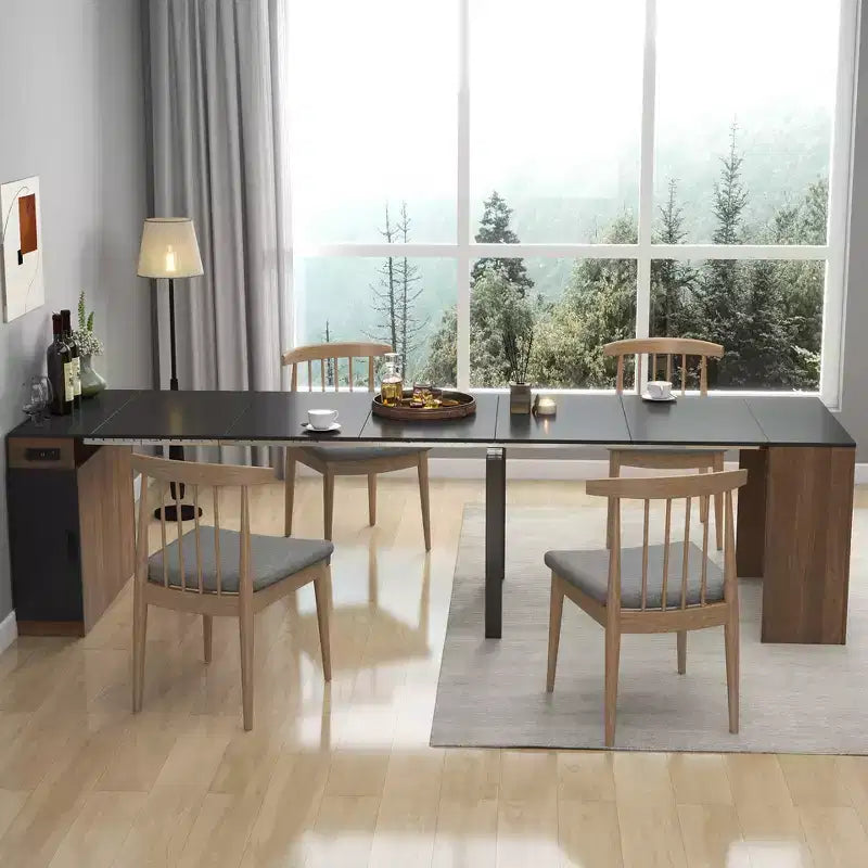 CLIHOME Modern Multifunctional Extendable Dining Table with Outlet, Space Saving Expanding Table with Storage