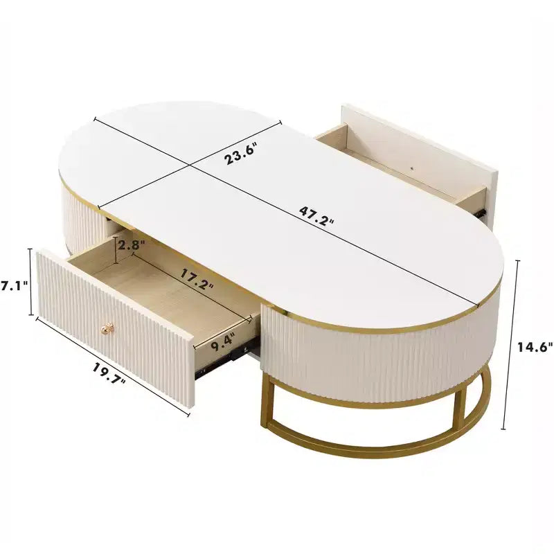 47W Modern Coffee Table Cocktail Table Center Table Accent Table with Drawers, Curved Profile Design, Gold Metal Leg, Oval, White+Gold-ModernLuxe