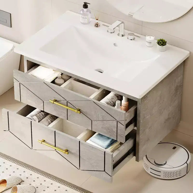 Modern Floating Bathroom Vanity Set with Basin - Wall-Mounted Cabinet with Soft-Close Storage Drawer and Gold Handle, 24 or 30 Size