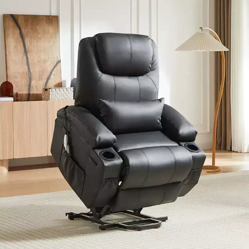 Bestier 34.6 Electric Power Lift Asist Recliner Chair with Massage and Heat, Fax Leather Reclining Chair with Side Pockets & Cup Holders