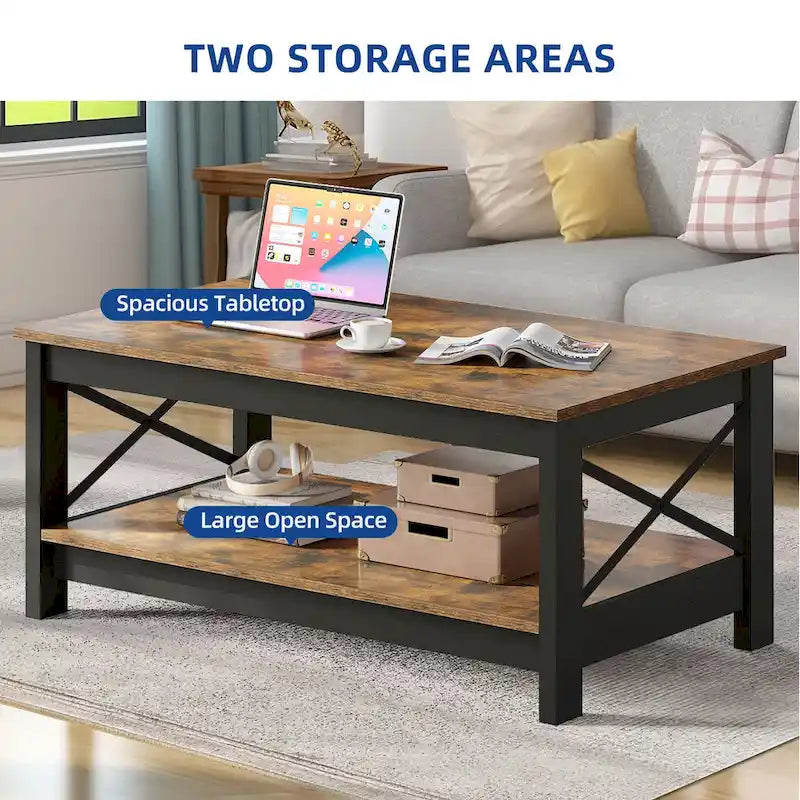 Farmhouse Wood Accent Coffee Table with Large Storage Shelf