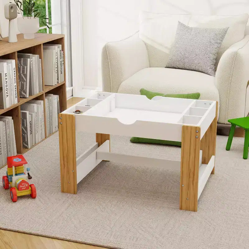 Kids 2-in-1 Activity Play Table with 7 Storage Compartments - LEGO Compatible Building Block & Whiteboard Table, White & Green