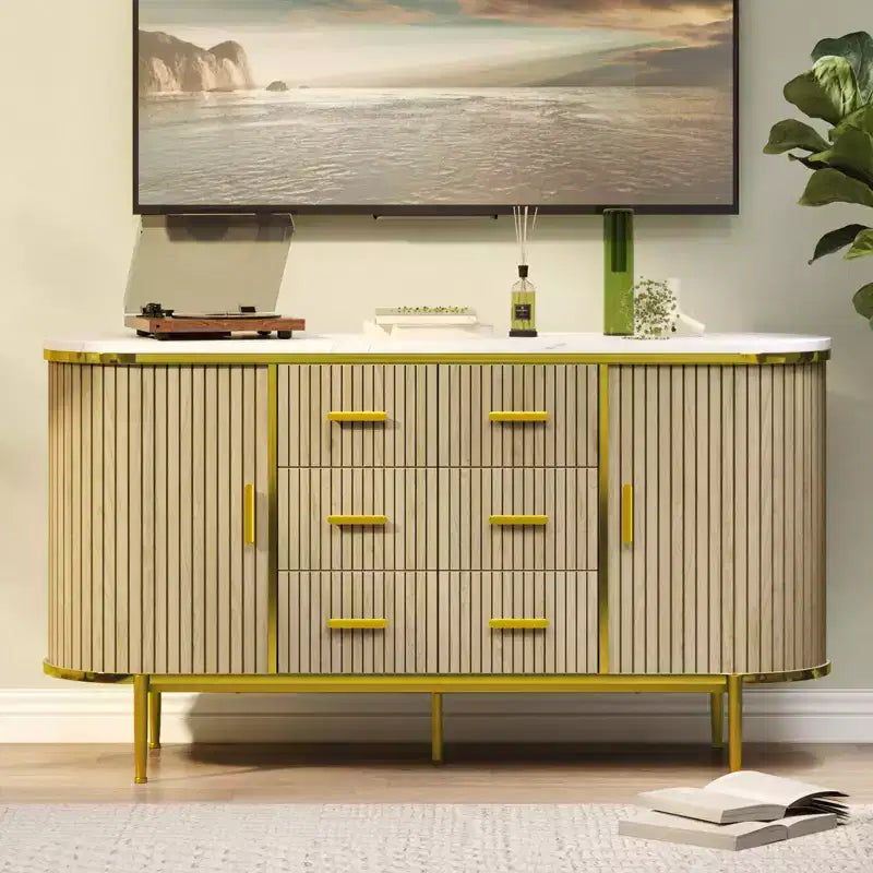 59in Farmhouse Fluted Sideboard Buffet Cabinet, Media TV Console Table with 6 Drawers & 2 Sliding Doors, Versatile Storage Cabinet for Living Room