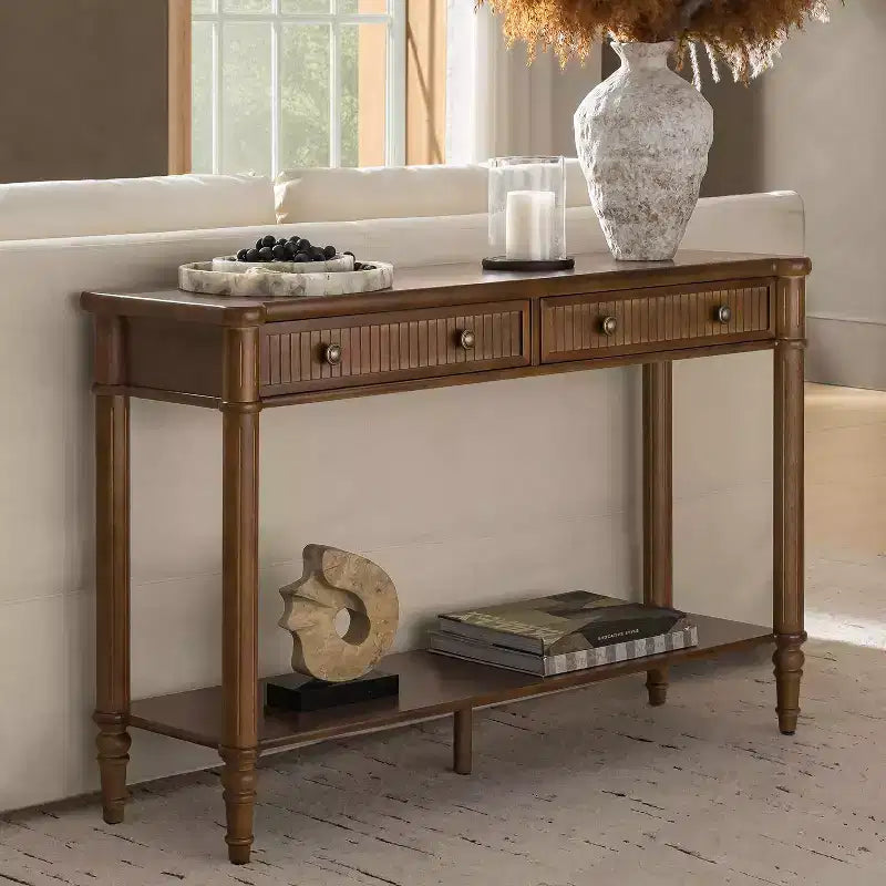 47.2 Walnut Console Table with 2 Fluted Drawers & Lower Shelf