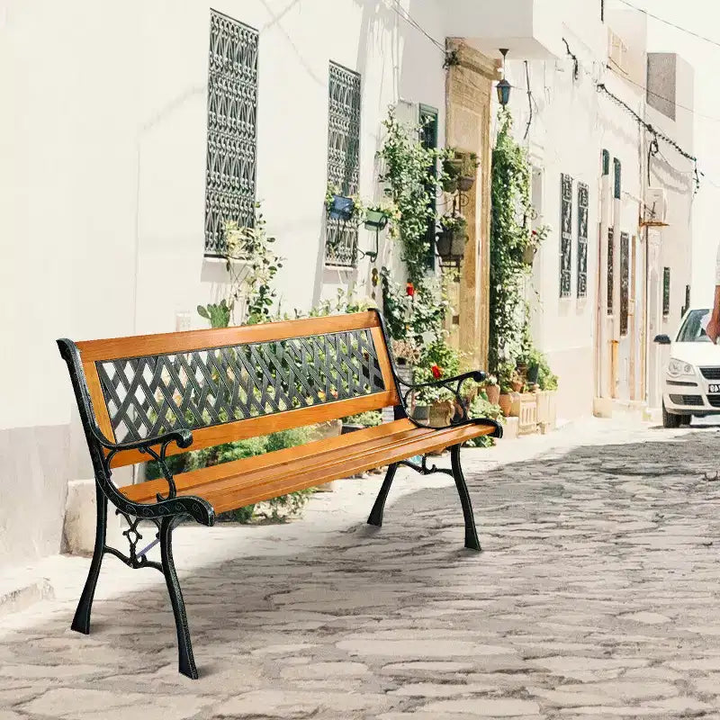 Costway 49 1/2 Patio Park Garden Bench Porch Path Chair Outdoor Deck Cast Iron Hardwood