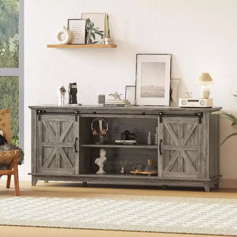 66 inch Farmhouse TV Stand for 75 Inch TVs, Media Console with Sliding Barn Door, Power Outlets & Adjustable Storage Cabinets