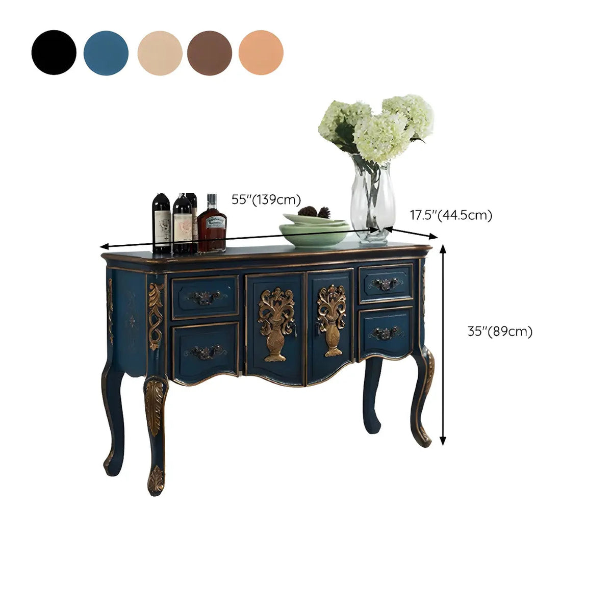 French Coffee Wood Storage Console Table with Drawers