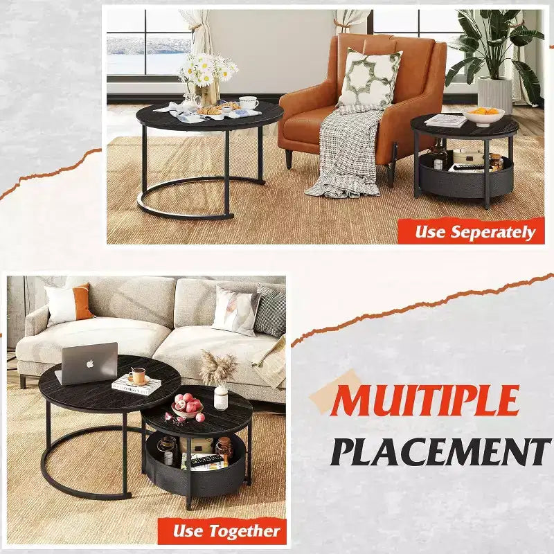 GALAXHERO Set of 2 Nesting Round Coffee Tables - 31.5 Center Tables with Storage & Metal Frame for Living Room/Apartment