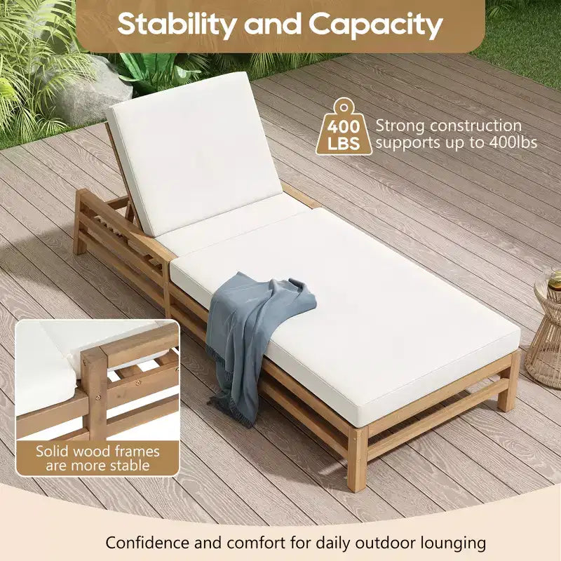 Merax 5-Position Acacia Outdoor Chaise Lounge with Thick Cushions