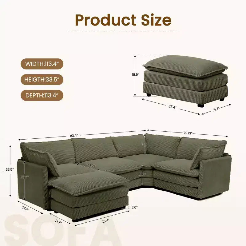 Modern 113.4D*79.13W Oversized Corduroy Modular 5-Seat Sectional Sofa Set with Ottoman U Shaped Sofa Couch with Corner Sofa,HYLEORY