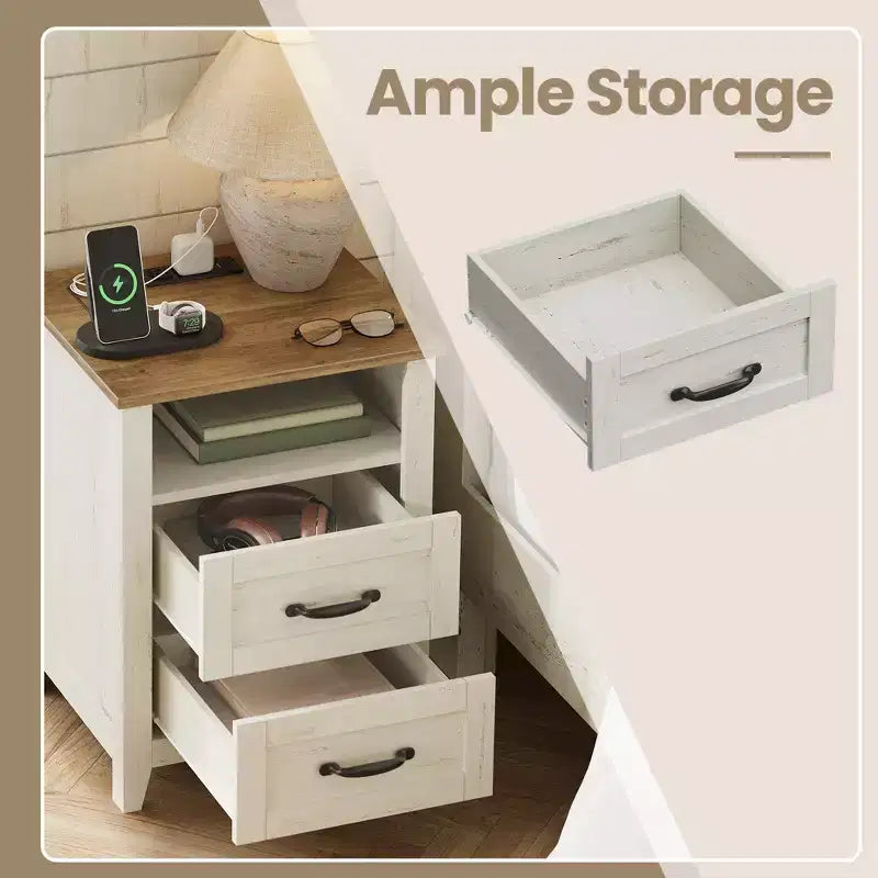 Set of 2 Farmhouse Nightstands with USB Charging - 2-Drawer Bedside Tables, Rustic Modern Design
