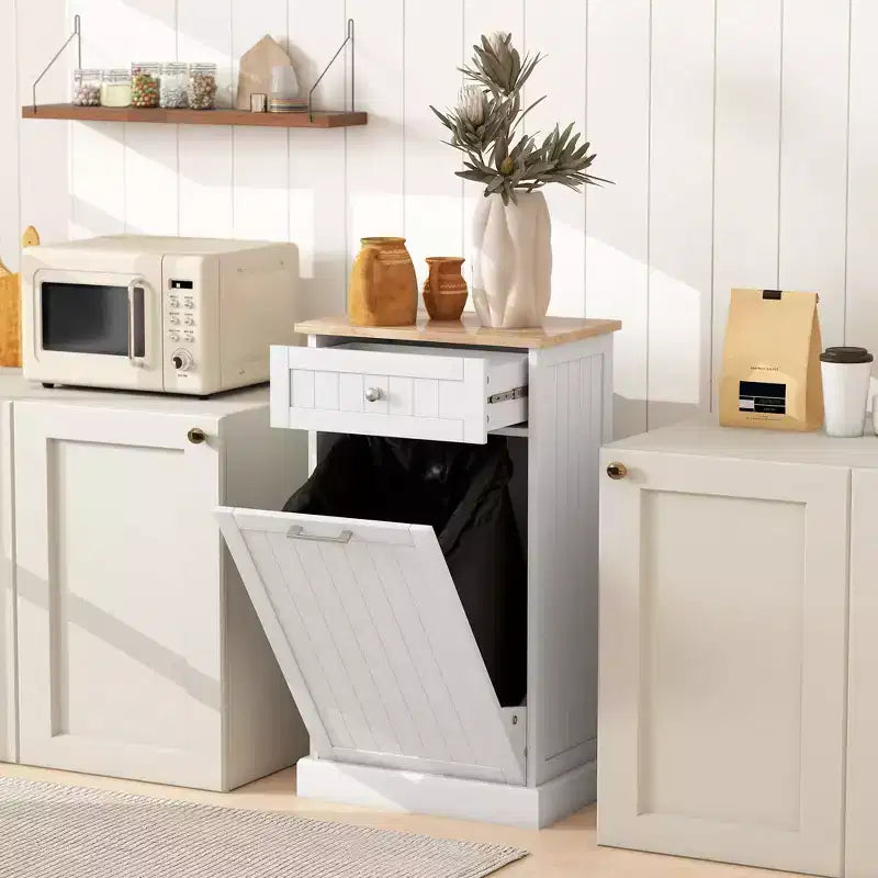 HOMCOM Kitchen Tilt Out Trash Bin Cabinet Free Standing Recycling Cabinet Trash Can Holder With Drawer
