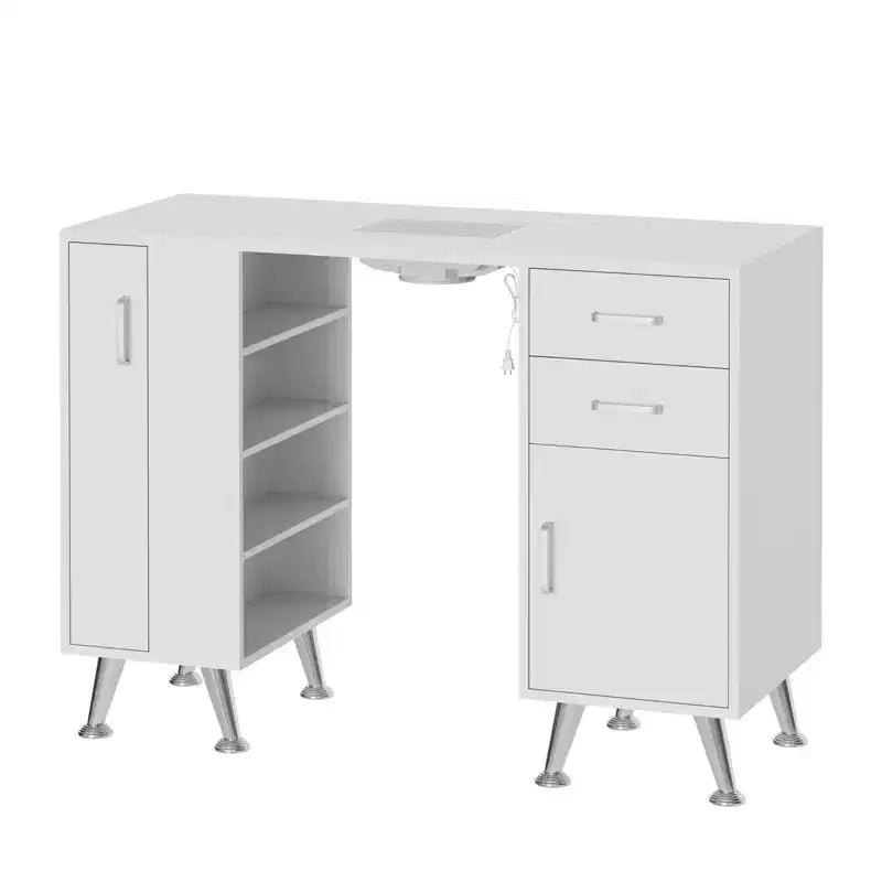 Table de manucure de 42 po pour prothésiste ongulaire avec dépoussiéreur et repose-poignet, table à ongles avec casier vertical coulissant, 1 armoire de rangement, 2 tiroirs
