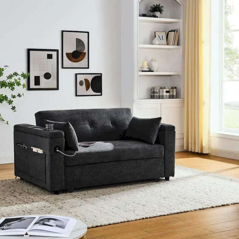 54 Pull-Out Sleeper Sofa Bed, 2 Seat Recliner Sofa Bed with Storage, Lumbar Pillow, USB Power Outlet
