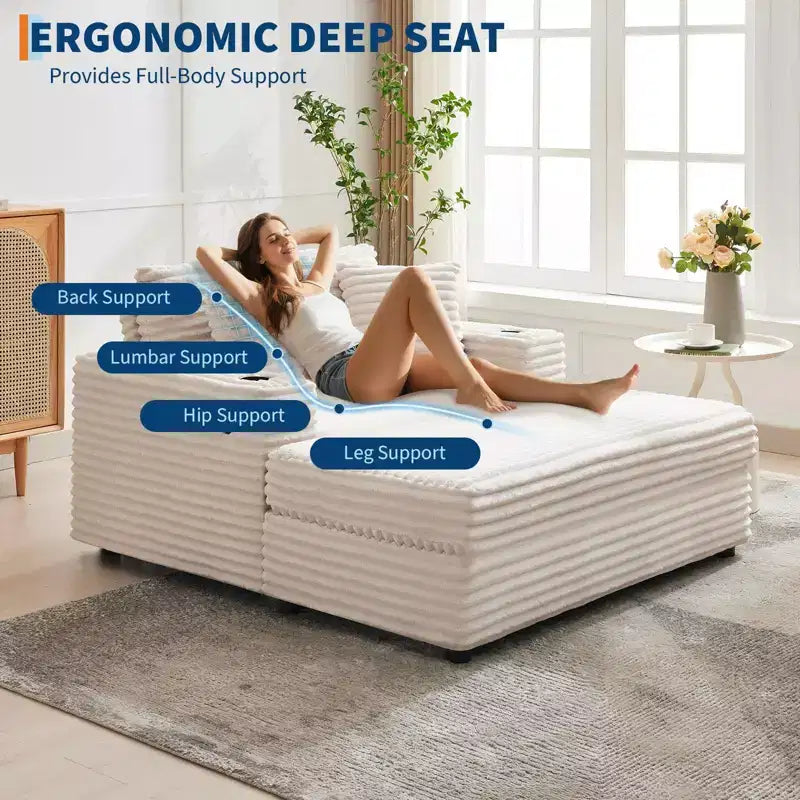 Corduroy 3-Seat Lounge Sofa with Cup Holders & Charging Ports
