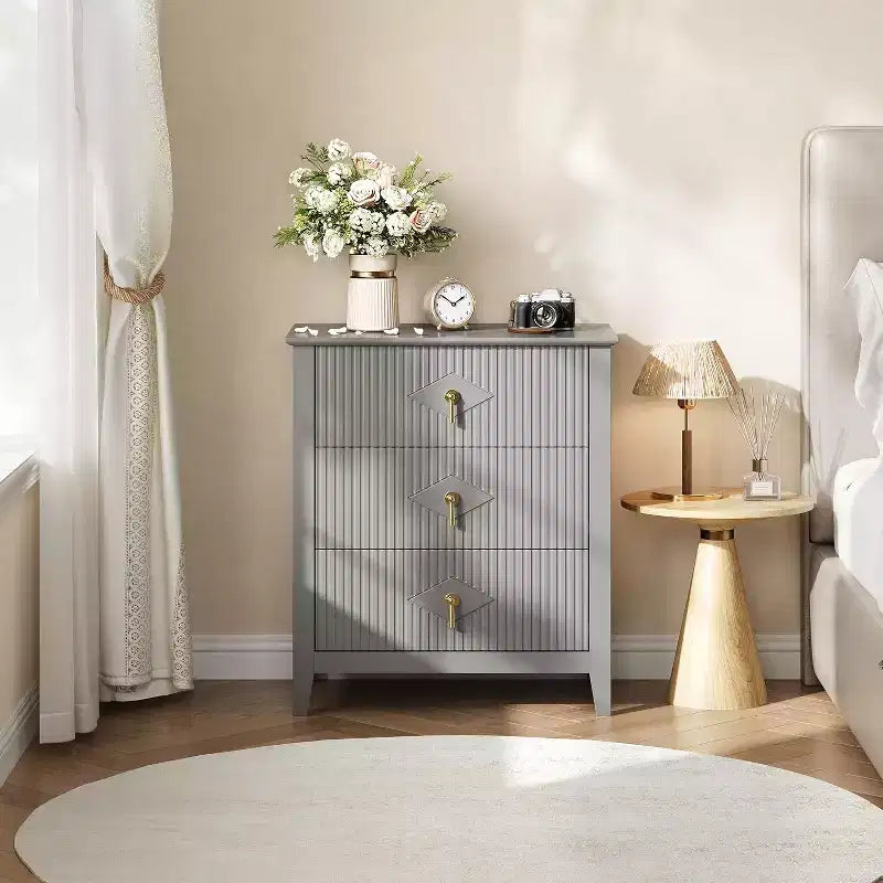 2Pcs Fluted Wood Nightstands, 27.5 Wide 3-Drawer Dresser Set, Modern Bedside Tables, Chest of Drawers for Bedroom, Living Room