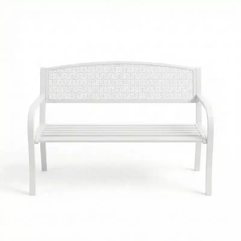 2 Person Metal Outdoor Bench for Garden, Steel Benches Furniture with Geometric Backrest for Patio, Garden & Porch