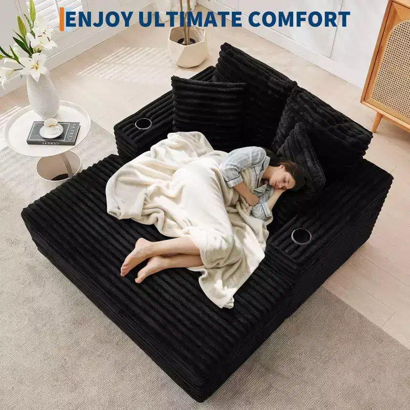 Corduroy 3-Seat Lounge Sofa with Cup Holders & Charging Ports