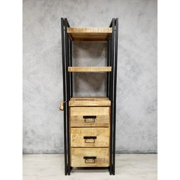 Étagère haute en bois de manguier fait main avec tiroirs en bois (Inde) – 71H x 23.75L x 15.75P