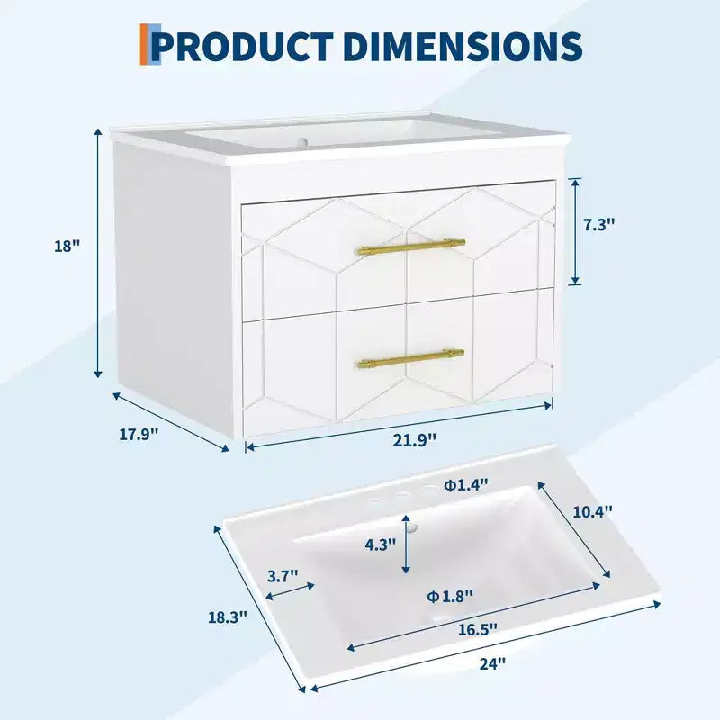 Modern Floating Bathroom Vanity Set with Basin - Wall-Mounted Cabinet with Soft-Close Storage Drawer and Gold Handle, 24 or 30 Size