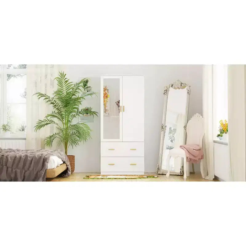 Hitow Armoire Double Drawer Mirrored Door Closet Zoned Storage