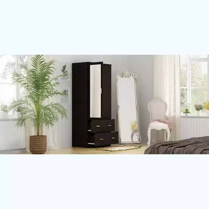 Hitow Armoire Double Drawer Mirrored Door Closet Zoned Storage