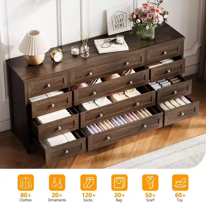 12 Drawers Dresser for Bedroom Wooden, Modern Wide TV Stand Dressers for 65 Inch TV, Wood Chest of Drawers, Farmhouse Clothes Storage for Living Room