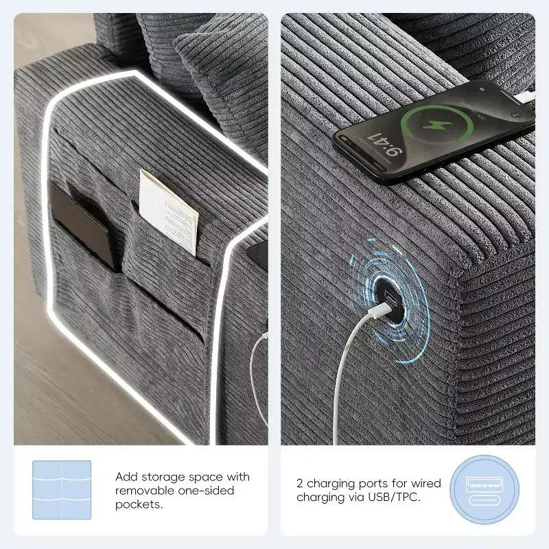 Canapé sectionnel modulaire surdimensionné Clihome 140 avec pouf de rangement mobile, porte-gobelet, siège large, chargeur USB, canapé en velours côtelé en forme de U à 6 places
