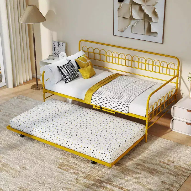 Costway Twin Daybed with Trundle Curved Backrest & Armrests Heavy-duty Metal Slats Black/Gold