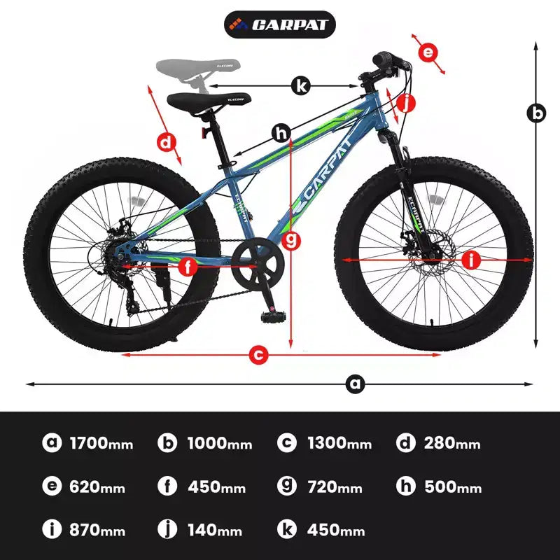 Okak 24IN Fat Tire Bike with Front Suspension, 7-Speed Mountain Bike with Disc Brake and High-Carbon Steel Frame, Trail Bike for Commuting