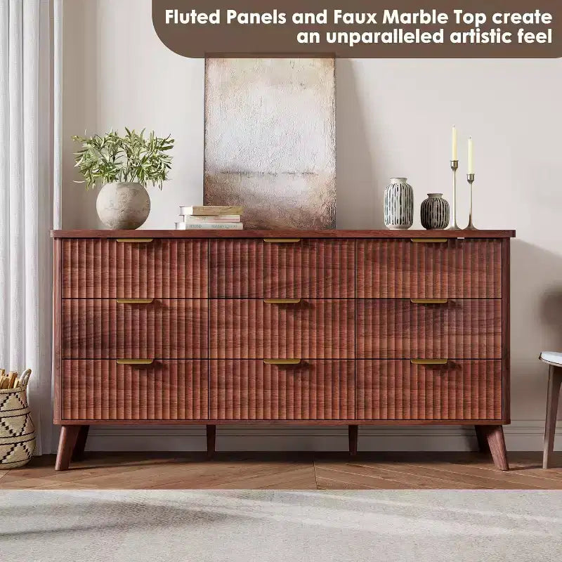 Fluted 9-Drawer Dresser, 60.6 Wide Wood Chest of Drawers with Deep Storage, for Bedroom, Living Room, or Hallway Use